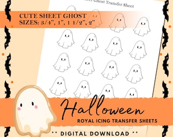 Può includere: Fogli di trasferimento a forma di fantasma bianco per Halloween. Le dimensioni includono 1,9 cm, 2,5 cm, 3,8 cm e 5,1 cm. I fantasmi hanno occhi neri e bocca sorridente. È visibile anche il testo "Halloween" e "Royal Icing Transfer Sheets".