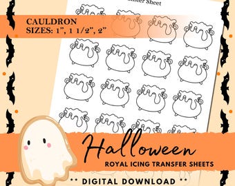 Può includere: Un foglio di fogli per trasferimento di glassa reale a tema Halloween. Il foglio presenta disegni di calderoni nelle misure di 2.5 cm, 3.8 cm e 5 cm. La parola "Halloween" è scritta in corsivo. Sono presenti anche le parole "Royal Icing Transfer Sheets" e "Digital Download".