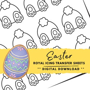 Puede incluir: Una descarga digital con un patrón repetido de traseros de conejos en blanco y negro sobre un fondo blanco. Un huevo de Pascua decorado con detalles azules, rosas y amarillos está en la esquina inferior izquierda. Se muestra el texto "Pascua" y "Hojas de transferencia de glaseado real".