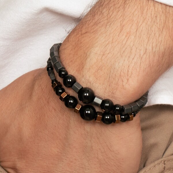 Combinaison de deux bracelets • Hématite et onyx • Ensemble de bracelets pour homme Shamballa • Cadeau pour lui • 2 bracelets en onyx hexagonal • Clips en argent • motatelier