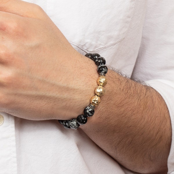Bracelet orné de perles d'obsidienne Rudraksha • Bracelet Shamballa pour homme • Cadeau pour lui • Argenté détaillé en onyx avec perles d'obsidienne • Motatelier