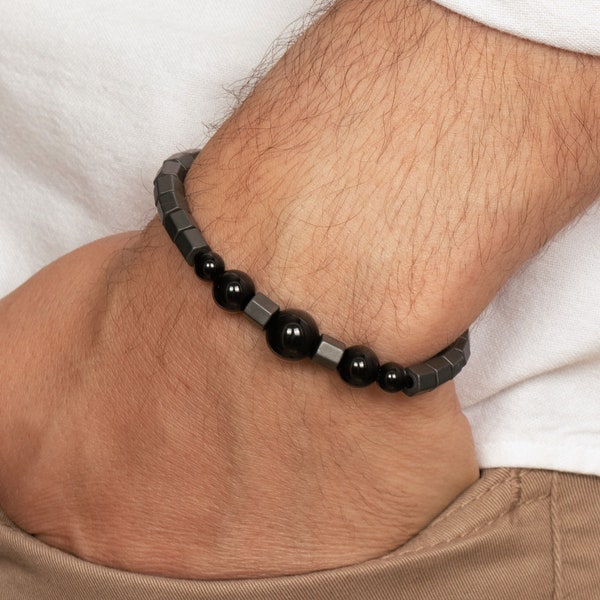 Bracelet en hématite détaillée Onyx • Bracelet homme Shamballa • Cadeau pour lui • Pierres grises et noires mates avec pièces en argent sterling • motatelier