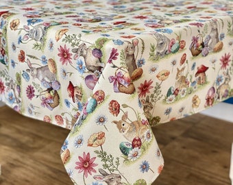 Easter Tapestry Tablecloth: Bunnies, Eggs, Flowers
