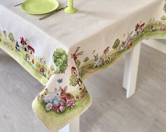 Easter rectangle Tablecloth with Easter Eggs and Bunny, Tapestry fabric. Easter table linens