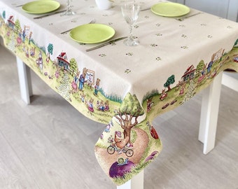 Easter Tablecloth with Easter Eggs Bunny Flowers, Tapestry fabric. Easter table linens, Easter home decor, Easter gift