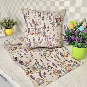 Easter Table runner with Bunnies and Lavender. Tapestry fabric. Easter table linens, Easter home decoration
