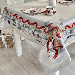Rectangular Christmas tablecloth with snow village, Winter holiday table linens, Xmas tapestry Table cover, Dining table decoration