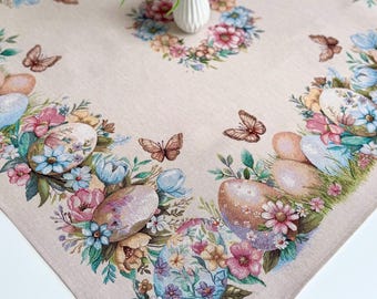 Elegant Woven Tapestry Tablecloth | Easter Egg & Floral Wreath Design in Pastel Tones