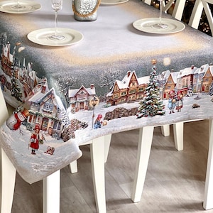 Christmas Tablecloth – Winter Village Holiday Dining Room Decor, Festive Tapestry Table Cover. Gift for Family