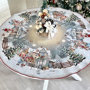 Small Round Christmas Tablecloth – Winter Village Holiday Dining Room Decor, Festive Tapestry Table Cover. Gift for Family