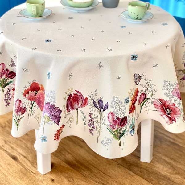 Spring Round Tablecloth with Colorful Wild Flowers from tapestry fabric, Wedding gift, Birthday family gift