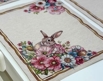 Easter Bunny Tapestry Placemat set | Spring Floral Gobelin Table mats | Woven Flowers Charming Decor