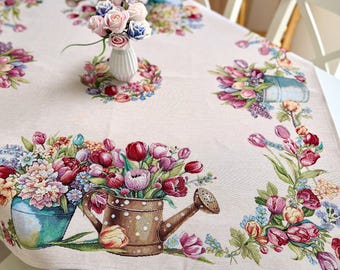 Spring Floral Tapestry Tablecloth | Tulip Gobelin Table Linen | Farmhouse Cottage Garden Decor