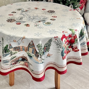 Winter Holiday Round Table cloth with Santa. Christmas table linens. Silver Thread Tapestry fabric. Snow ornaments table cover. Family gift