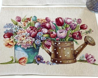 Spring Floral Decorative Plasemat set | Tulip Gobelin Tapestry Table mat | Farmhouse Cottage Garden Decor