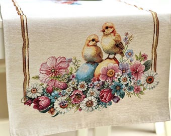 Easter Chick Tapestry Table Runner | Spring Floral Gobelin Runner | Woven Flowers Charming Decor
