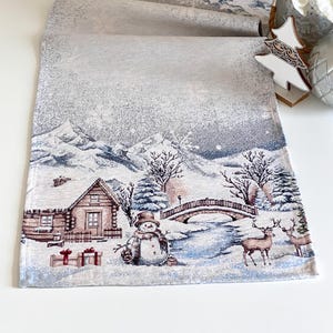 Christmas Table Runner – Winter Wonderland Tapestry with Reindeer, Cabin & Snowy Landscape. Holiday Dining Décor. Luxury Family gift