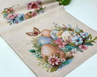 Elegant Woven Tapestry Table Runner | Easter Egg & Floral Wreath Design
