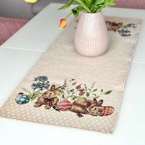 Spring Easter Table runner with Easter eggs, Bunny and flowers. Tapestry fabric. Easter table decor. Easter table linen set