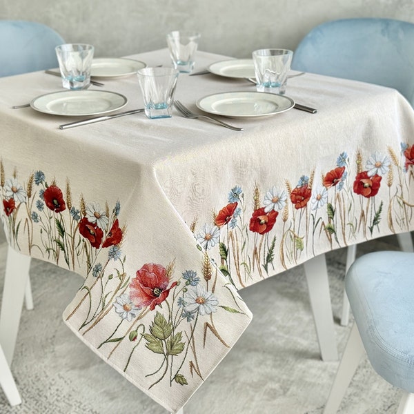 Spring Table cloth with wildflowers Poppies and daisies. Floral Tapestry table cover. Housewarming Gifts