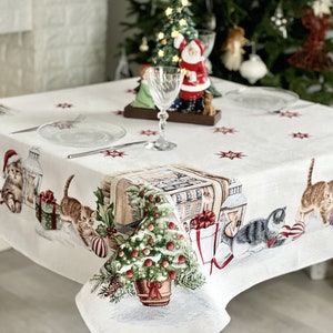 Winter Holiday Rectangular Tablecloth. Silver thread tapestry fabric with Christmas kittens. Selection of sizes