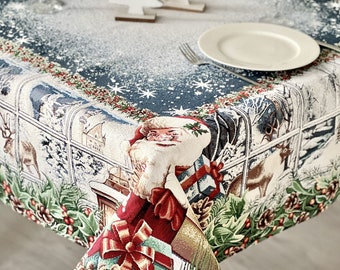 Kersttafelkleed met kerstman. Tafelkleed van tapijtstof. Wintervakantie eettafel decor. Nieuwjaar tafelblad. Kerst familiecadeau