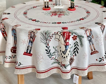 Christmas Round table cloth 63&quot; with Nutcracker. Winter holiday, New Year Table Decor. Tapestry dining tablecloth. Family gift