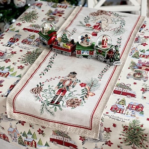 Nutcracker table runner. Christmas table linens, Tapestry New Year Table topper. Winter holiday table decorations. Xmas gift