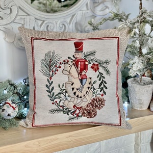 Nutcracker winter cushion cover. Christmas table linens, Tapesrty fabric with silver lurex, Xmas pillow case, Winter holiday decorations