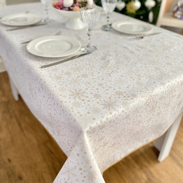 Nappe de Noël flocon de neige avec lurex doré. Tissu Jacquard recto-verso avec revêtement en téflon, chemins de table, nappe de Noël imperméable