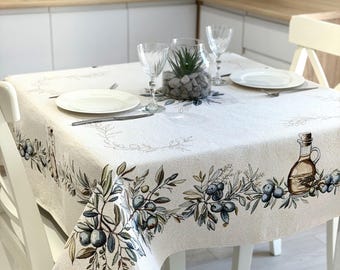 Olive Branch Gobelin Tablecloth | Tapestry Tablecloth with Soft Microfiber Touch | Mediterranean Farmhouse Decor