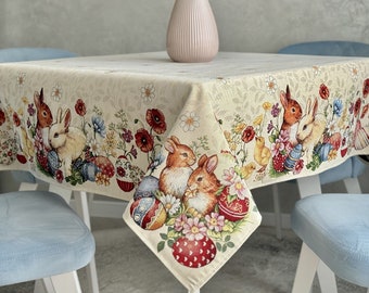 Easter Tapestry tablecloth. Rectangular Tablecloth with Easter eggs and Bunny. Easter table decor
