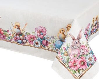 Easter Bunny and Chick Tapestry Tablecloth - Spring Flowers & Pastel Eggs for a Charming Decor