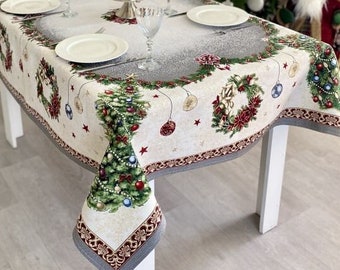 Luxury Christmas Tapestry Tablecloth, Rectangular Holiday Dining Cover, Elegant Tree and Wreath Decor