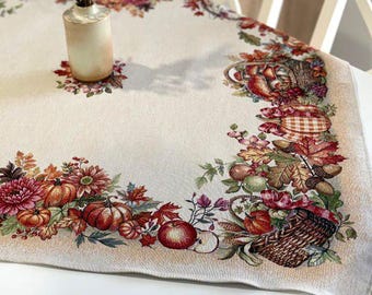 Fall Harvest Tapestry Tablecloth, Pumpkin Mushroom Border, Thanksgiving Cottagecore Kitchen Decor