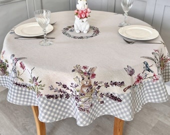 Colorful Easter Round Tablecloth with Eggs and Bunny, tapestry fabric, Easter table linen