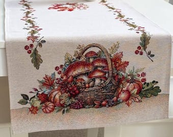 Woodland Mushroom Table Runner, Fall Harvest Tapestry, Rustic Thanksgiving Dining Accent