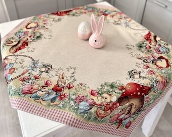 Nappe à café printanière pour Pâques avec panier d'oeufs de Pâques. Linge de table de Pâques, Décoration d'intérieur de Pâques, Cadeau de famille