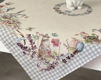 Spring Easter Tablecloth with Easter Eggs, flowers, and Bunny. Durable tapestry fabric, Easter table linen, Easter Home Decor. Family gift