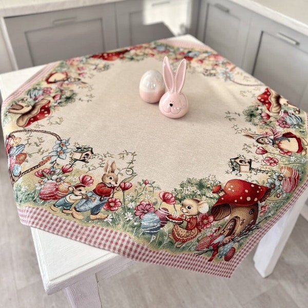 Spring tablecloth for Easter celebration with Basket of Easter Eggs. Easter table linen, Easter Home Decor