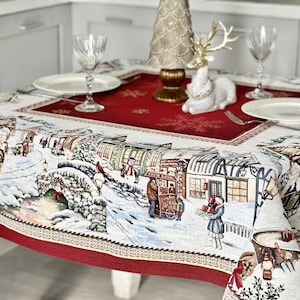 Röd julduk: Snowy City Gobelin Jacquard-tyg