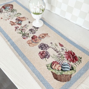Spring Table runner for Easter table with Easter Eggs and Bunny. Durable tapestry fabric, Easter table linen, Easter Kitchen dining decor