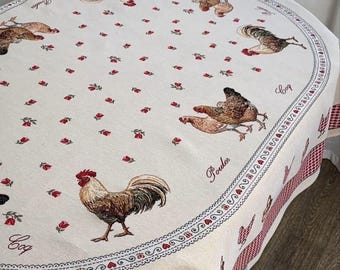 Rooster Oval Tablecloth | Farmhouse Gobelin Table Linen | French Country Chicken Kitchen Decor