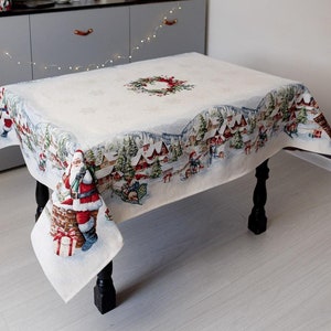 Christmas Tablecloth - Santa Design in Silver Thread & Velour Tapestry Fabric for Family Gatherings Winter Holiday Home decorations