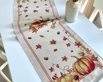 Pumpkin Tapestry Table Runner, Thanksgiving Centerpiece, Autumn Harvest Farmhouse Kitchen Decor