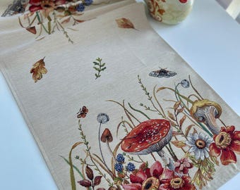 Fall Mushroom Table Runner, Wildflower Tapestry Centerpiece, Thanksgiving Dining Accent, Rustic Woodland Style