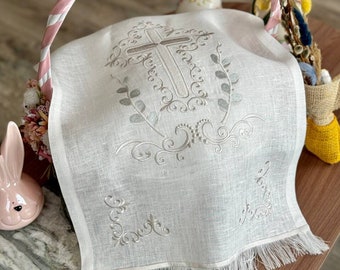 White Embroidered Easter basket cover. 100% linen. Traditional Orthodox decor.