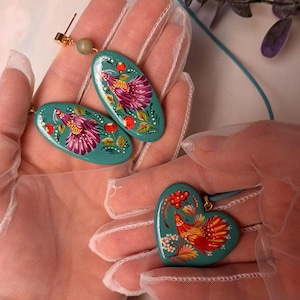 Wooden earrings and pendant. Petrykivka Handpainted Jewelry Set. Lightweight Dangle Earrings. Beautiful Gift for women. Ukrainian folk art