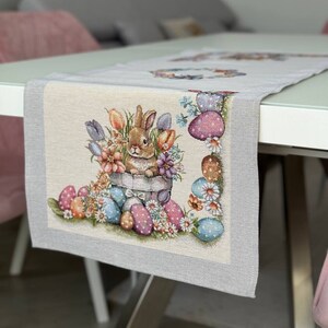 Spring Table Runner for Easter celebration with Bunny and Easter Eggs. Easter table linen, Easter Home Decor