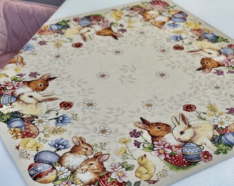 Easter Home decor. Table cloth with Easter eggs and Bunnies. Tapestry fabric. Easter gift